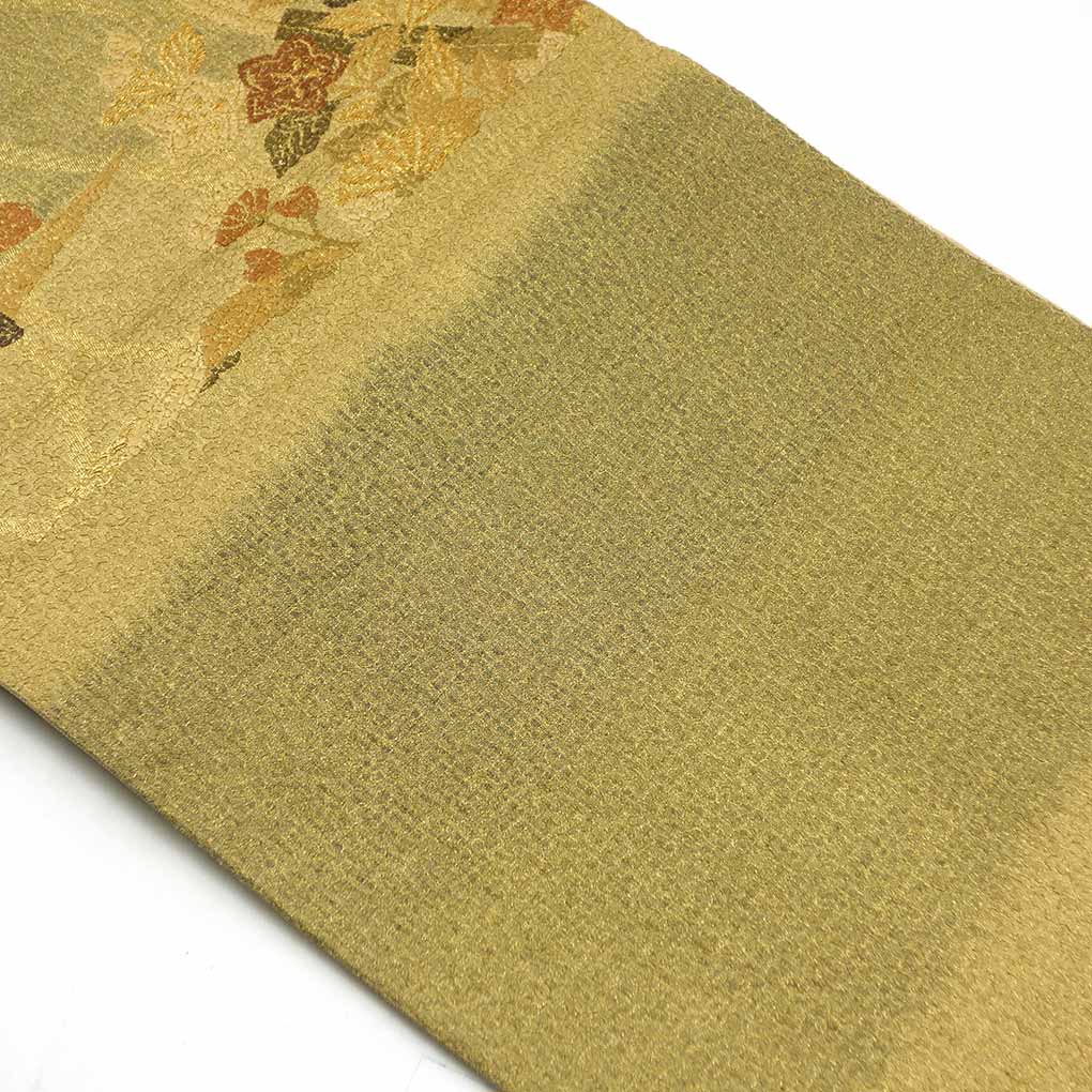 袋帯 リサイクル帯 幅31cm 長さ412cm レディース 花柄 秋冬春用 正絹（シルク）ゴールド 未使用品 リメイク リユース【ランクS】