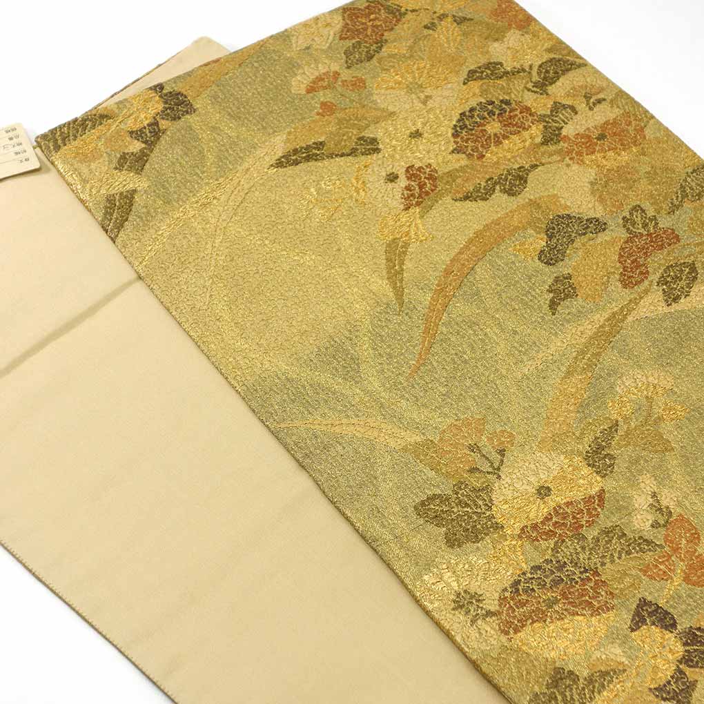 袋帯 リサイクル帯 幅31cm 長さ412cm レディース 花柄 秋冬春用 正絹（シルク）ゴールド 未使用品 リメイク リユース【ランクS】
