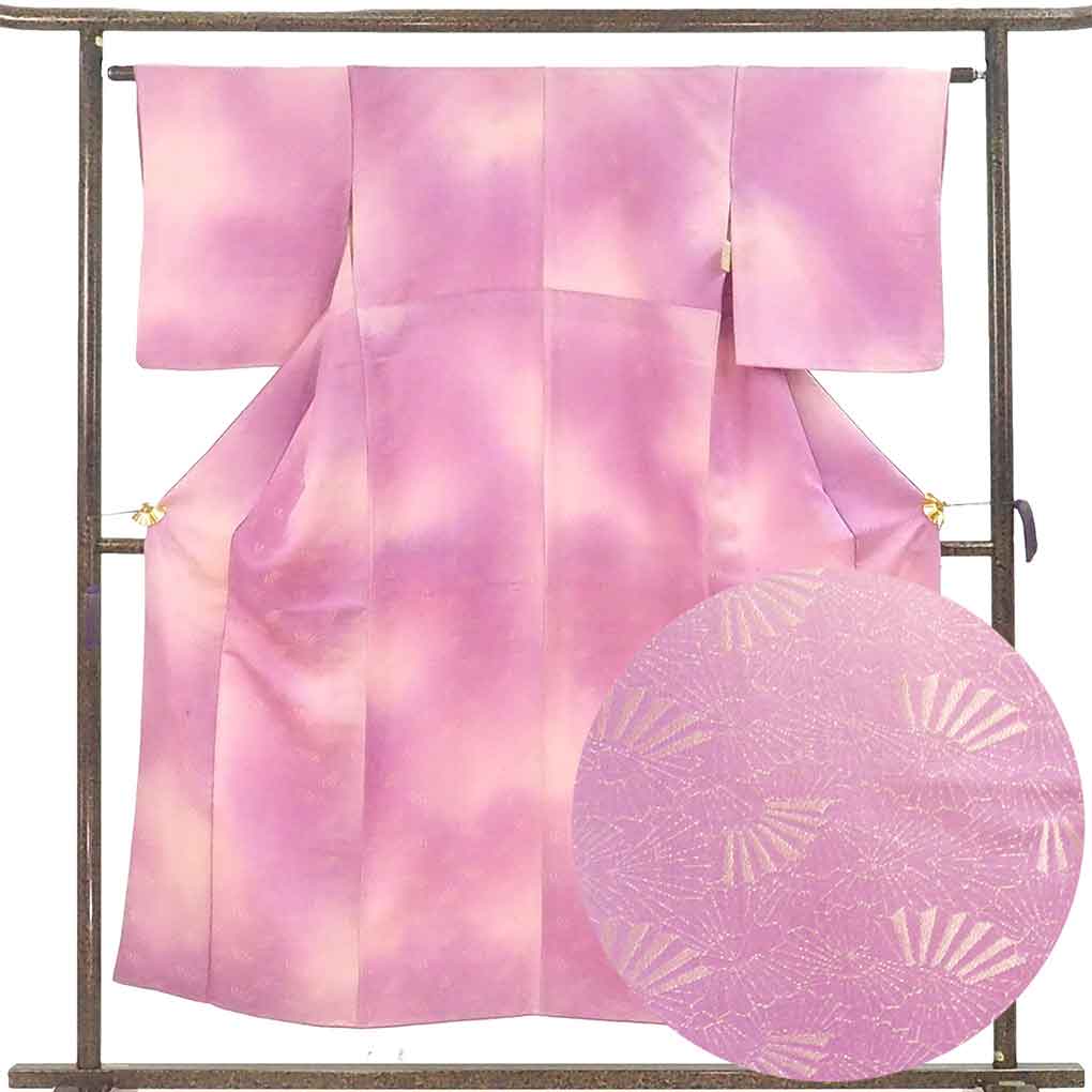 小紋 リサイクル着物 身丈150cm 裄63cm 前幅24.5cm 後幅30cm 袖丈48cm 袖幅33cm レディース 袷 扇面 裄Mサイズ 秋冬春用 正絹（シルク）パープル やや難 リメイク リユース【ランクB】
