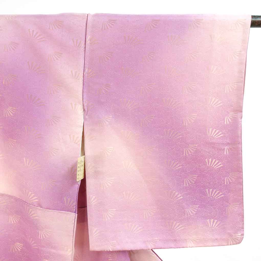 小紋 リサイクル着物 身丈150cm 裄63cm 前幅24.5cm 後幅30cm 袖丈48cm 袖幅33cm レディース 袷 扇面 裄Mサイズ 秋冬春用 正絹（シルク）パープル やや難 リメイク リユース【ランクB】