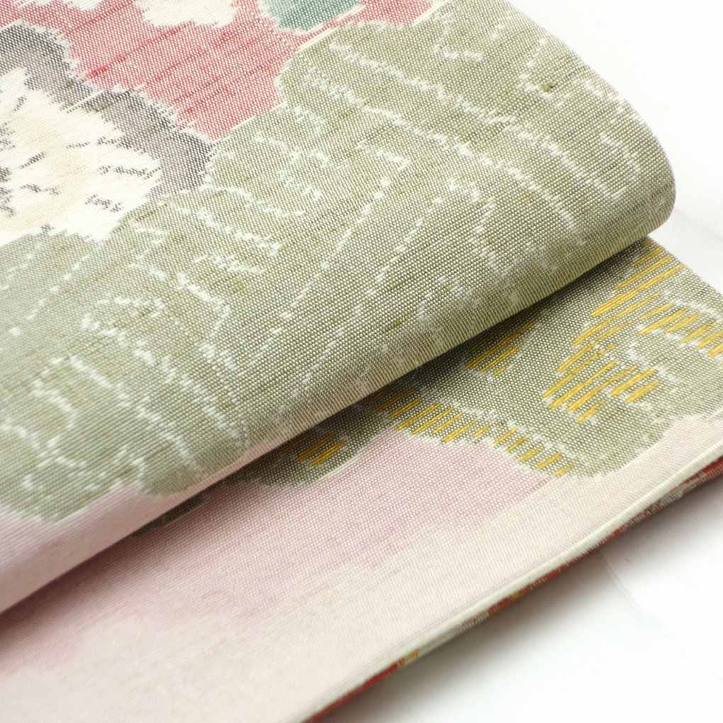 袋帯 リサイクル帯 幅31cm 長さ427cm レディース 花柄 秋冬春用 正絹(シルク)ピンク 未使用品 リバーシブル リメイク リユース【ランクS】