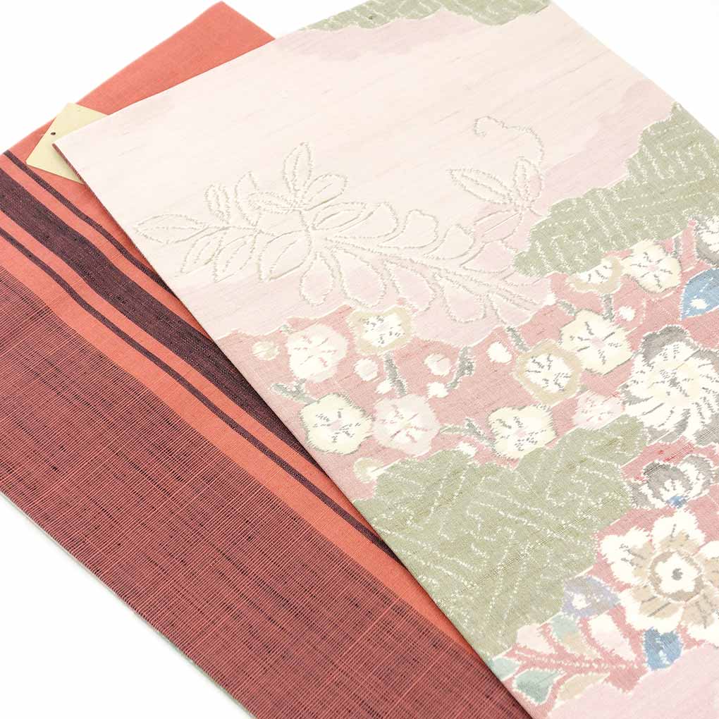 袋帯 リサイクル帯 幅31cm 長さ427cm レディース 花柄 秋冬春用 正絹(シルク)ピンク 未使用品 リバーシブル リメイク リユース【ランクS】