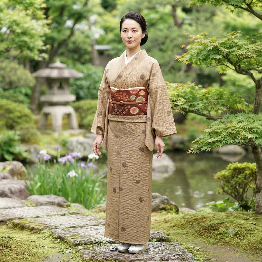 小紋 リサイクル着物 身丈166cm 裄64cm 前幅24.5cm 後幅30cm 袖丈49cm 袖幅34cm レディース 袷 万筋 裄Mサイズ 秋冬春用 正絹(シルク)ブラウン トールサイズ 美品 リメイク リユース【ランクA】