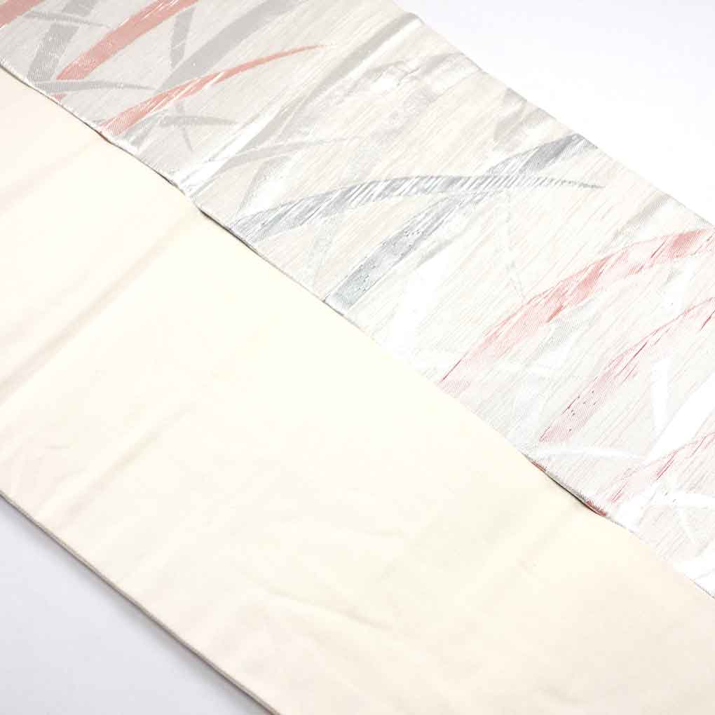 名古屋帯 リサイクル帯 幅30cm 長さ355cm レディース 露芝 秋冬春用 正絹（シルク）シルバー 美品 リメイク リユース【ランクA】