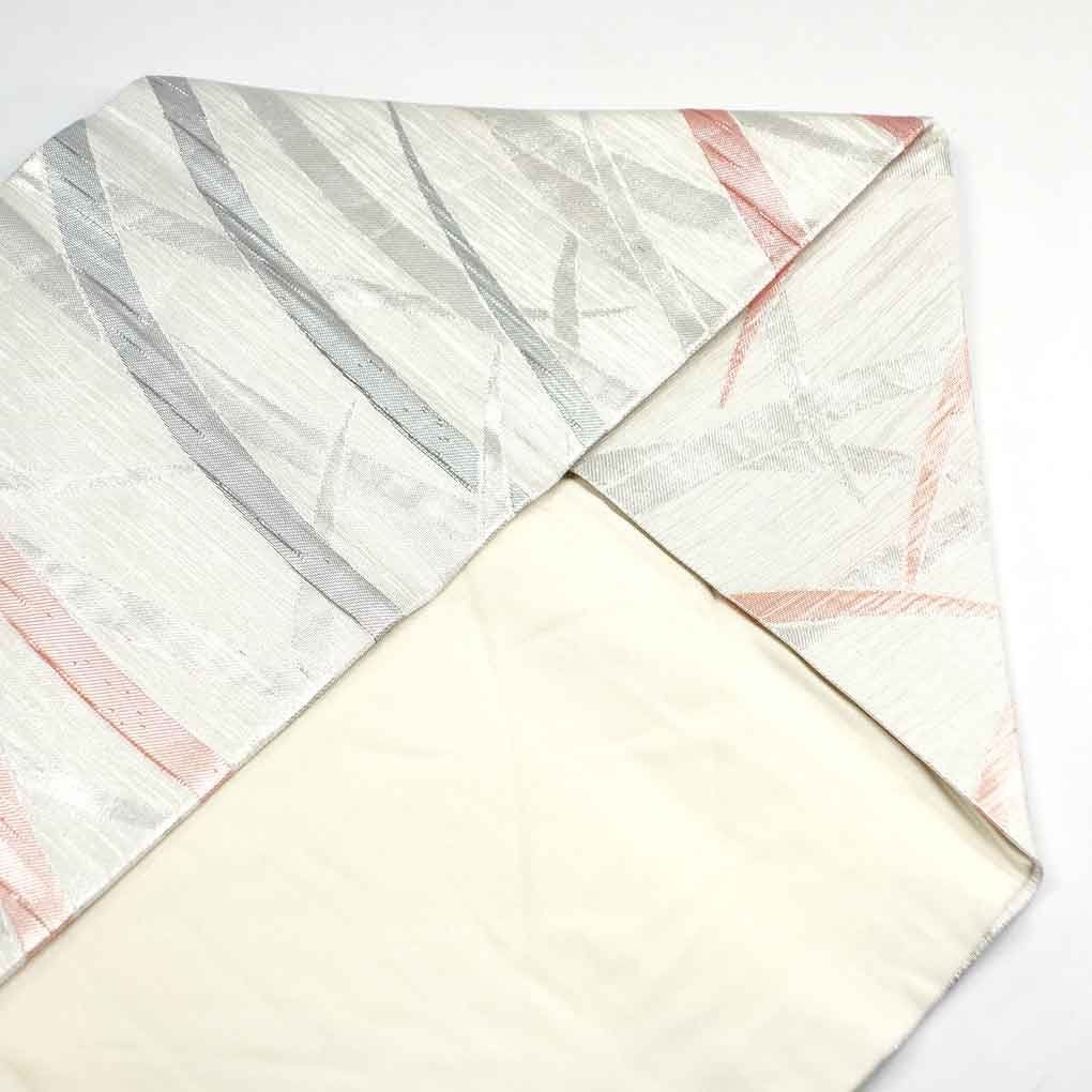 名古屋帯 リサイクル帯 幅30cm 長さ355cm レディース 露芝 秋冬春用 正絹（シルク）シルバー 美品 リメイク リユース【ランクA】