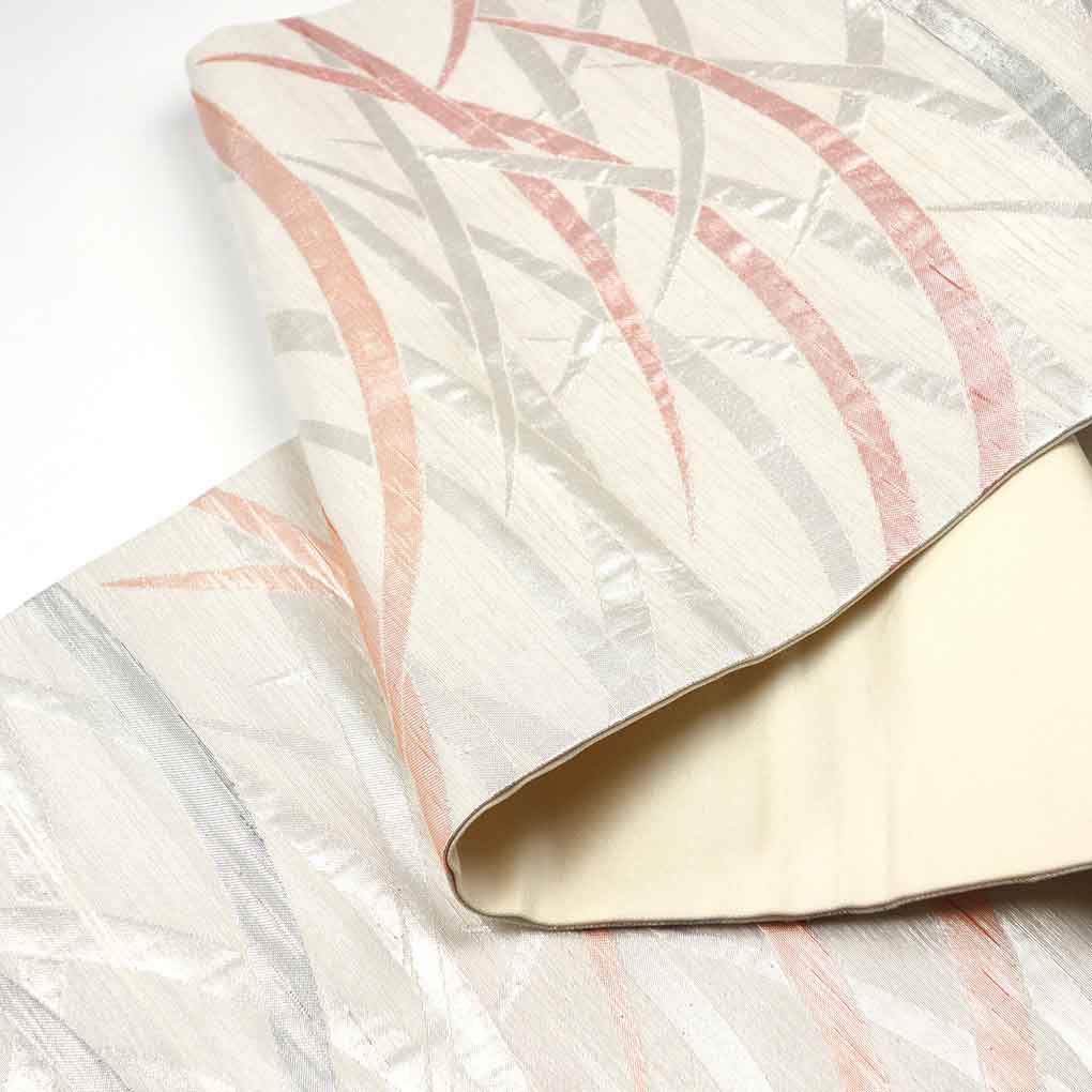 名古屋帯 リサイクル帯 幅30cm 長さ355cm レディース 露芝 秋冬春用 正絹（シルク）シルバー 美品 リメイク リユース【ランクA】