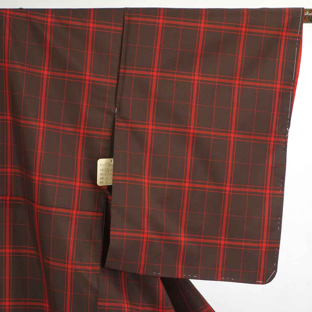 リサイクル 紬 茶色地 格子柄 先染 袷 正絹 着物 未使用品 レディース 秋冬春用 シルク ブラウン 裄SSサイズ身丈156cm 裄60cm 前幅24cm 後幅30cm 袖丈49cm【ランクS】