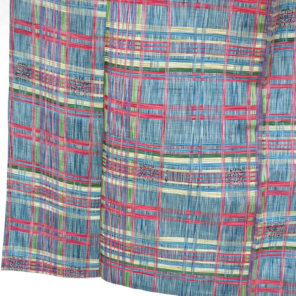 紬 リサイクル着物 身丈152cm 裄61cm 前幅23cm 後幅30cm 袖丈49cm 袖幅30.5cm レディース 単衣 格子 裄Sサイズ 初夏・初秋用 正絹(シルク)ブルー 美品 リメイク リユース【ランクA】