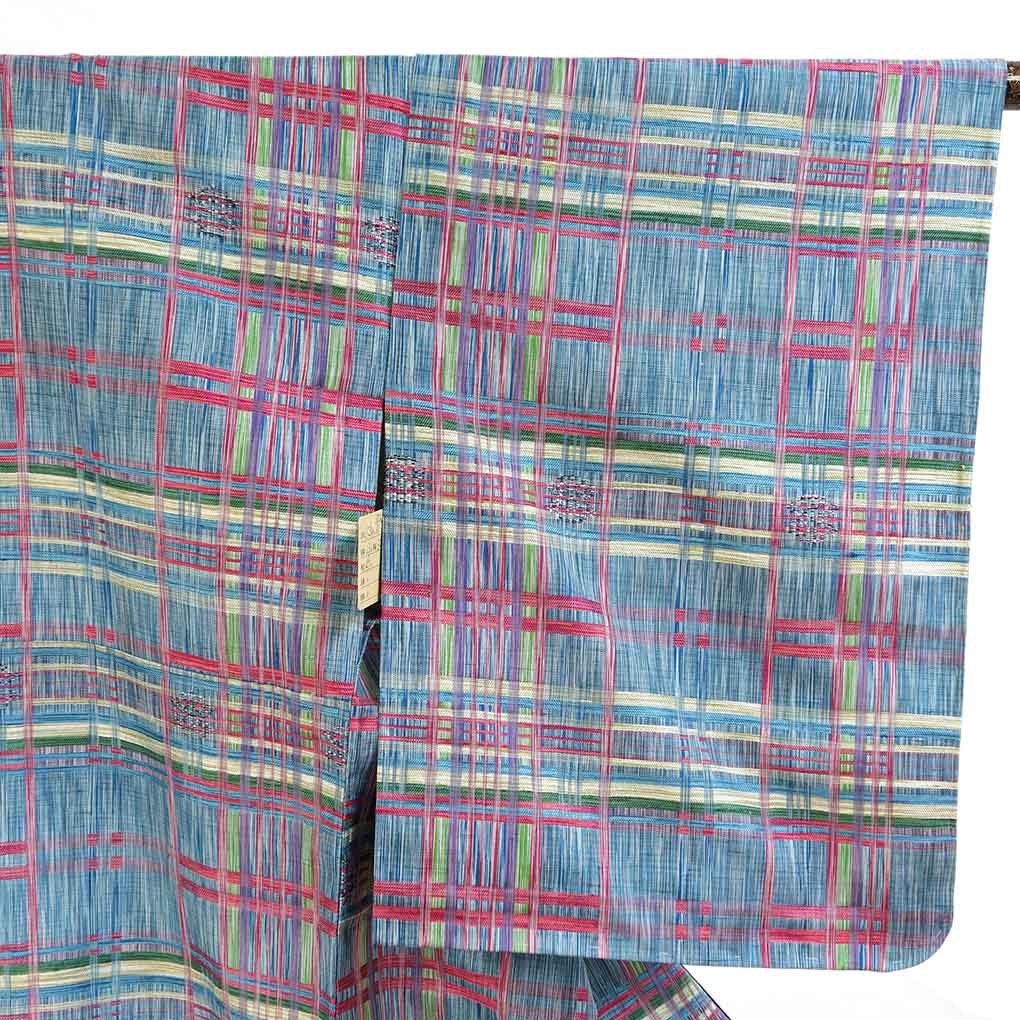 紬 リサイクル着物 身丈152cm 裄61cm 前幅23cm 後幅30cm 袖丈49cm 袖幅30.5cm レディース 単衣 格子 裄Sサイズ 初夏・初秋用 正絹(シルク)ブルー 美品 リメイク リユース【ランクA】