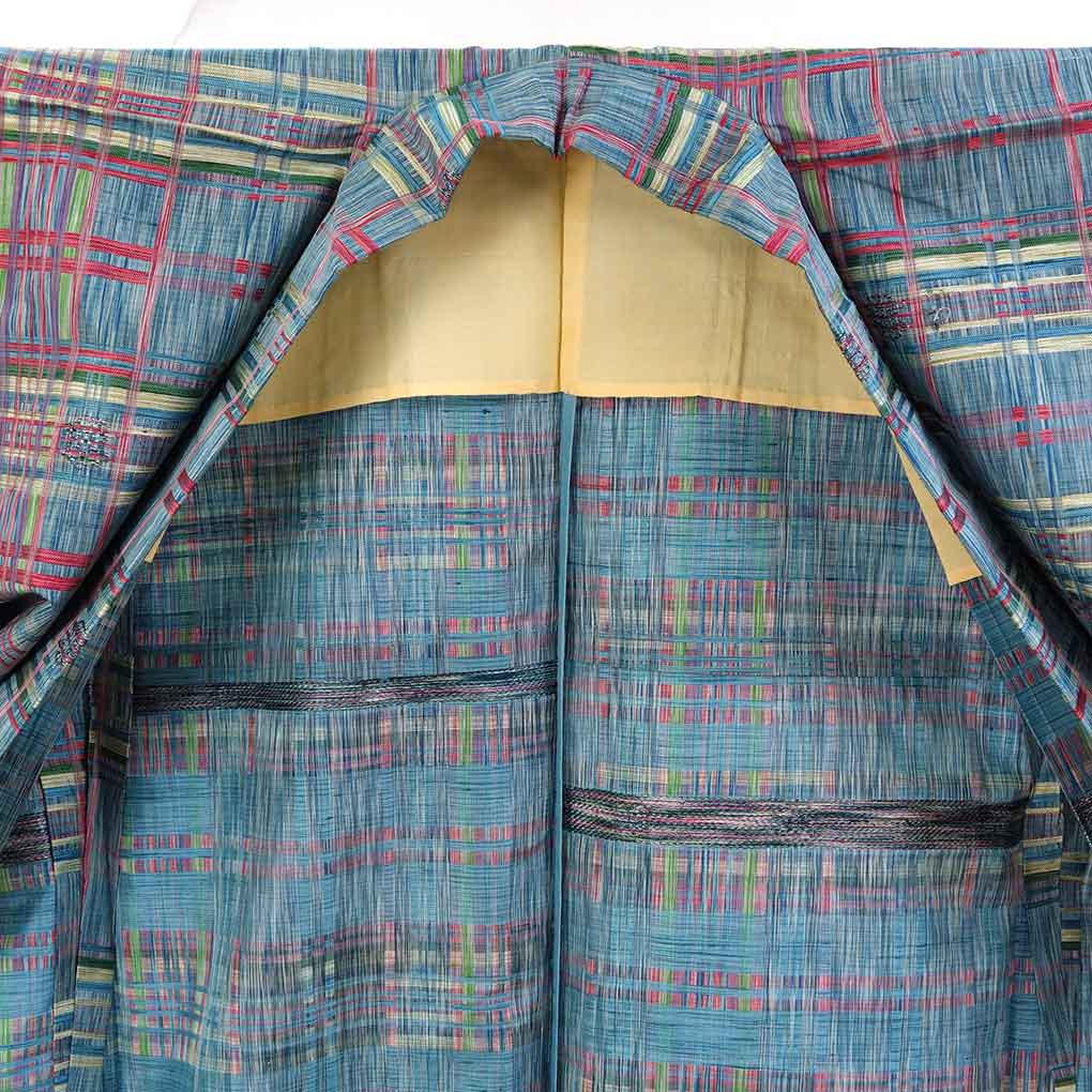 紬 リサイクル着物 身丈152cm 裄61cm 前幅23cm 後幅30cm 袖丈49cm 袖幅30.5cm レディース 単衣 格子 裄Sサイズ 初夏・初秋用 正絹(シルク)ブルー 美品 リメイク リユース【ランクA】