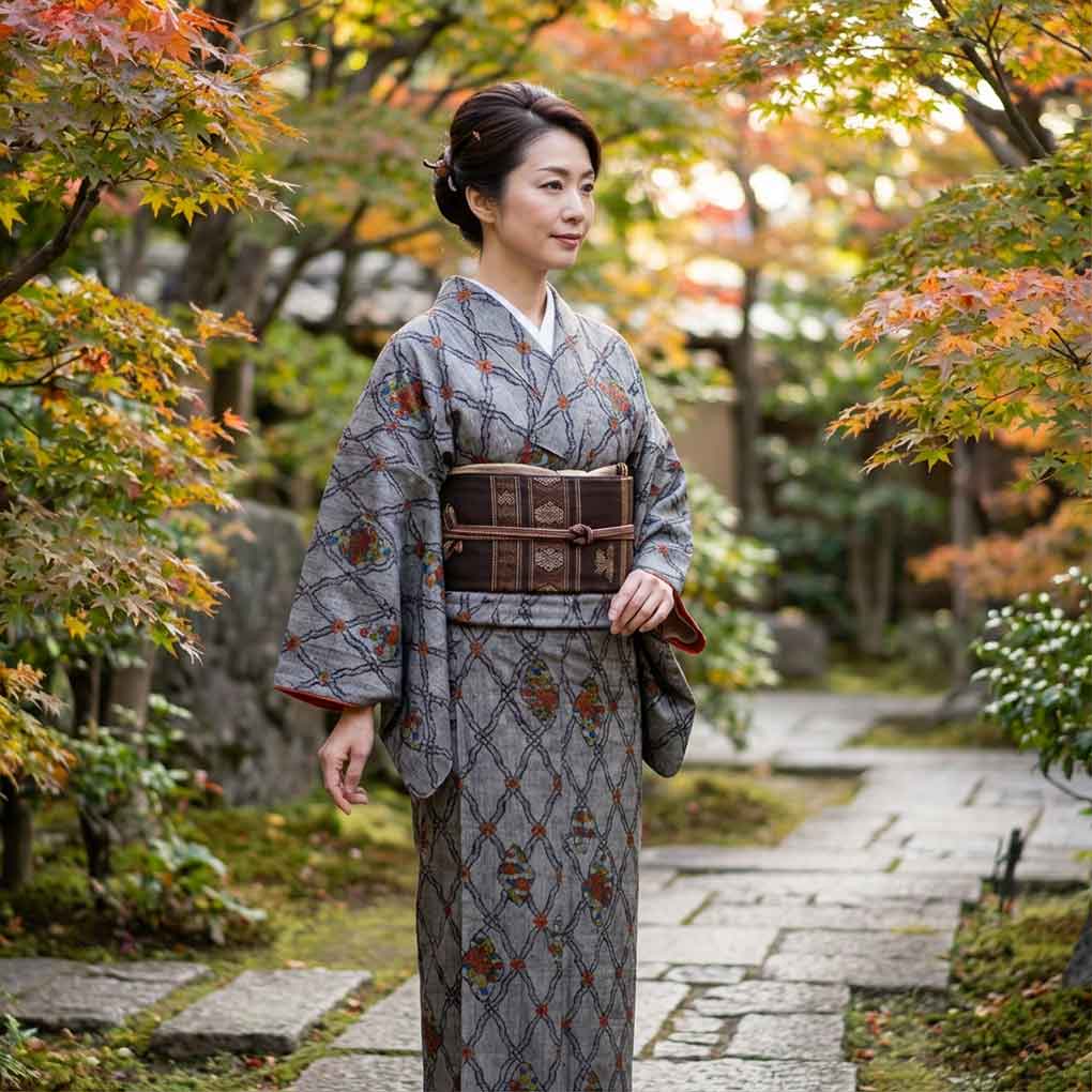 紬 リサイクル着物 身丈155cm 裄64cm 前幅23cm 後幅29cm 袖丈49cm 袖幅32.5cm レディース 袷 花柄 裄Mサイズ 秋冬春用 正絹（シルク）グレー 美品 リメイク リユース【ランクA】