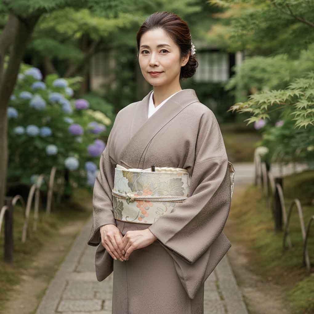 色無地 リサイクル着物 身丈153cm 裄66cm 前幅26cm 後幅31cm 袖丈45.5cm 袖幅33.5cm レディース 袷 無地 裄長 裄M-Lサイズ 秋冬春用 正絹(シルク)ブラウン 美品 リメイク リユース【ランクA】