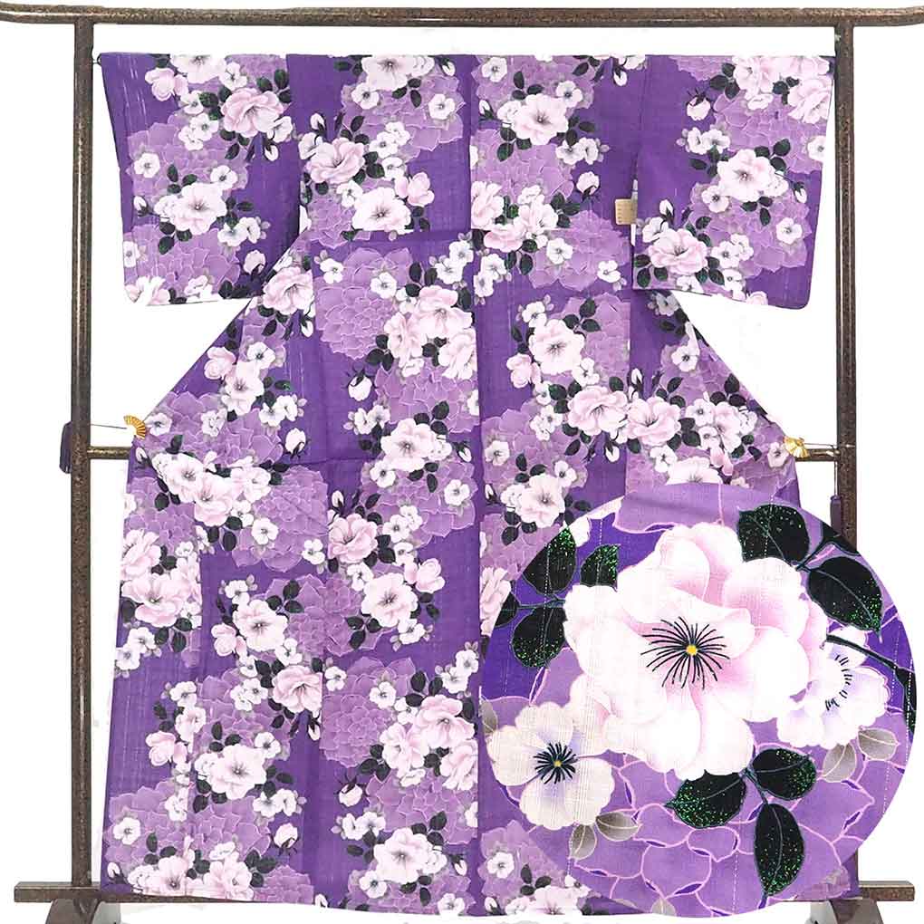 浴衣 リサイクル着物 身丈165cm 裄68cm 前幅25cm 後幅31cm 袖丈49cm 袖幅34cm レディース 花柄 裄長 裄Lサイズ 夏用 木綿 パープル トールサイズ 未使用品 リメイク リユース【ランクS】
