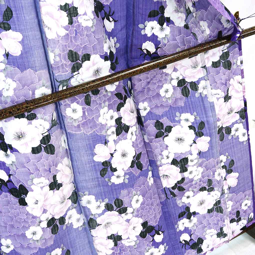 浴衣 リサイクル着物 身丈165cm 裄68cm 前幅25cm 後幅31cm 袖丈49cm 袖幅34cm レディース 花柄 裄長 裄Lサイズ 夏用 木綿 パープル トールサイズ 未使用品 リメイク リユース【ランクS】