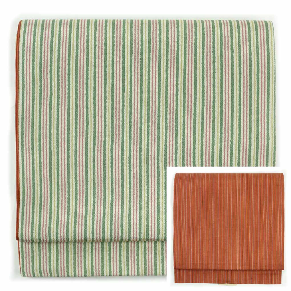 袋帯 リサイクル帯 幅30.5cm 長さ436cm レディース 縞 秋冬春用 正絹（シルク）グリーン 未使用品 リバーシブル リメイク リユース【ランクS】