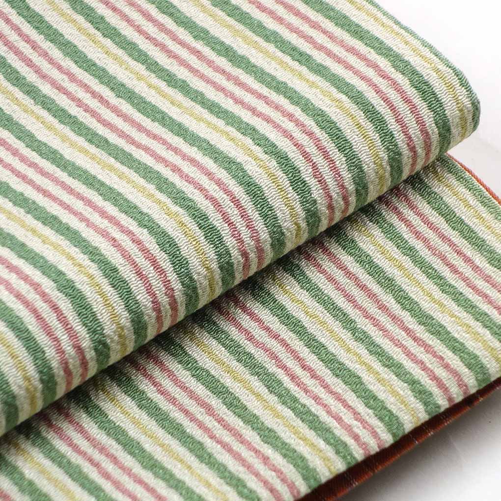 袋帯 リサイクル帯 幅30.5cm 長さ436cm レディース 縞 秋冬春用 正絹（シルク）グリーン 未使用品 リバーシブル リメイク リユース【ランクS】