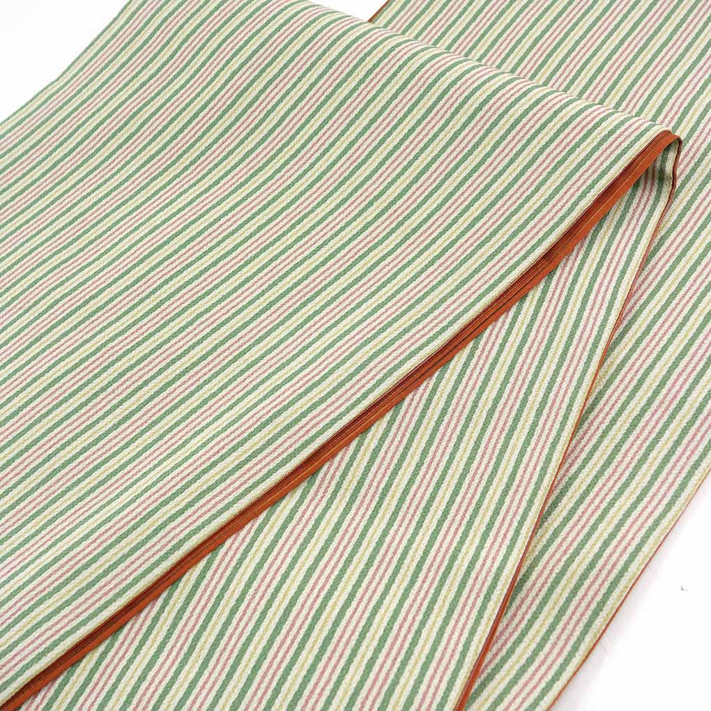 袋帯 リサイクル帯 幅30.5cm 長さ436cm レディース 縞 秋冬春用 正絹（シルク）グリーン 未使用品 リバーシブル リメイク リユース【ランクS】