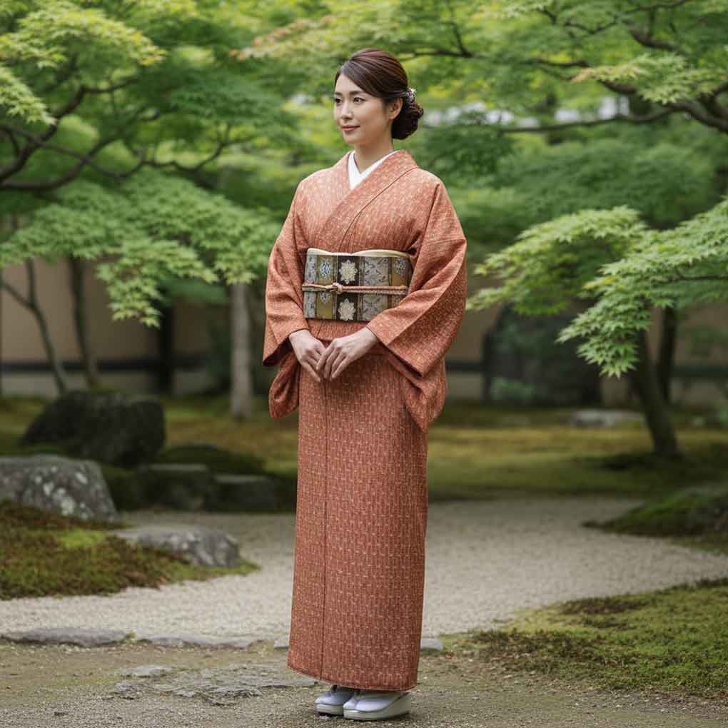 紬 リサイクル着物 身丈158cm 裄63cm 前幅23cm 後幅30cm 袖丈46cm 袖幅32cm レディース 袷 絣模様 裄Mサイズ 秋冬春用 正絹（シルク）ブラウン 未使用品 リメイク リユース【ランクS】