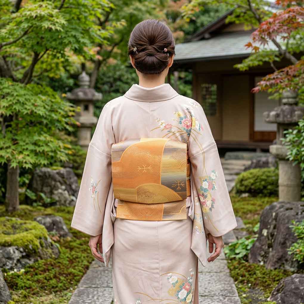 名古屋帯 リサイクル帯 幅30cm 長さ352cm レディース 抽象柄 秋冬春用 正絹（シルク）オレンジ 美品 リメイク リユース【ランクA】