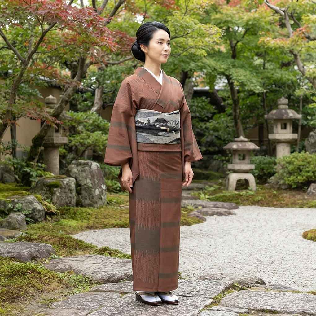 小紋 リサイクル着物 身丈166cm 裄66cm 前幅25cm 後幅30cm 袖丈49cm 袖幅33cm レディース 袷 江戸小紋 裄長 裄M-Lサイズ 秋冬春用 正絹(シルク)ブラウン トールサイズ 未使用品 リメイク リユース【ランクS】