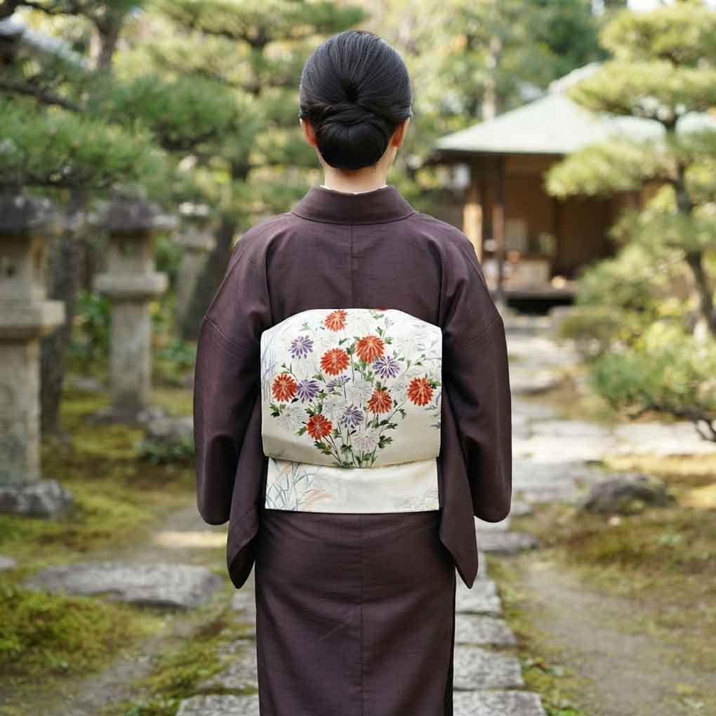 名古屋帯 リサイクル帯 幅30.5cm 長さ351cm レディース 花柄 秋冬春用 正絹（シルク）ホワイト やや難 リメイク リユース【ランクB】