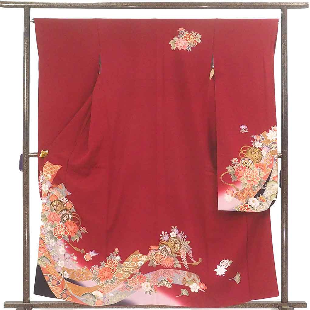 振袖 リサイクル着物 身丈160cm 裄65cm 前幅24cm 後幅30cm 袖丈105cm 袖幅34cm レディース 袷 鼓 裄Mサイズ 秋冬春用 正絹(シルク)レッド 美品 リメイク リユース【ランクA】