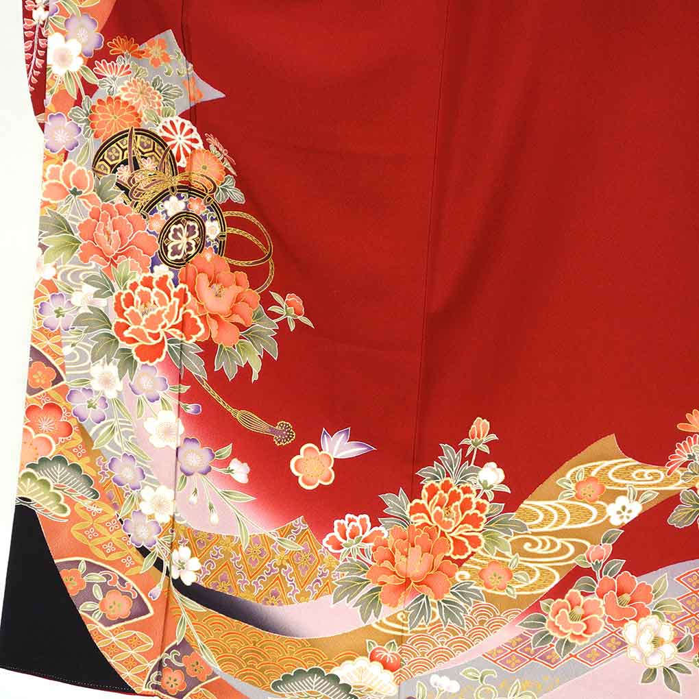 振袖 リサイクル着物 身丈160cm 裄65cm 前幅24cm 後幅30cm 袖丈105cm 袖幅34cm レディース 袷 鼓 裄Mサイズ 秋冬春用 正絹(シルク)レッド 美品 リメイク リユース【ランクA】