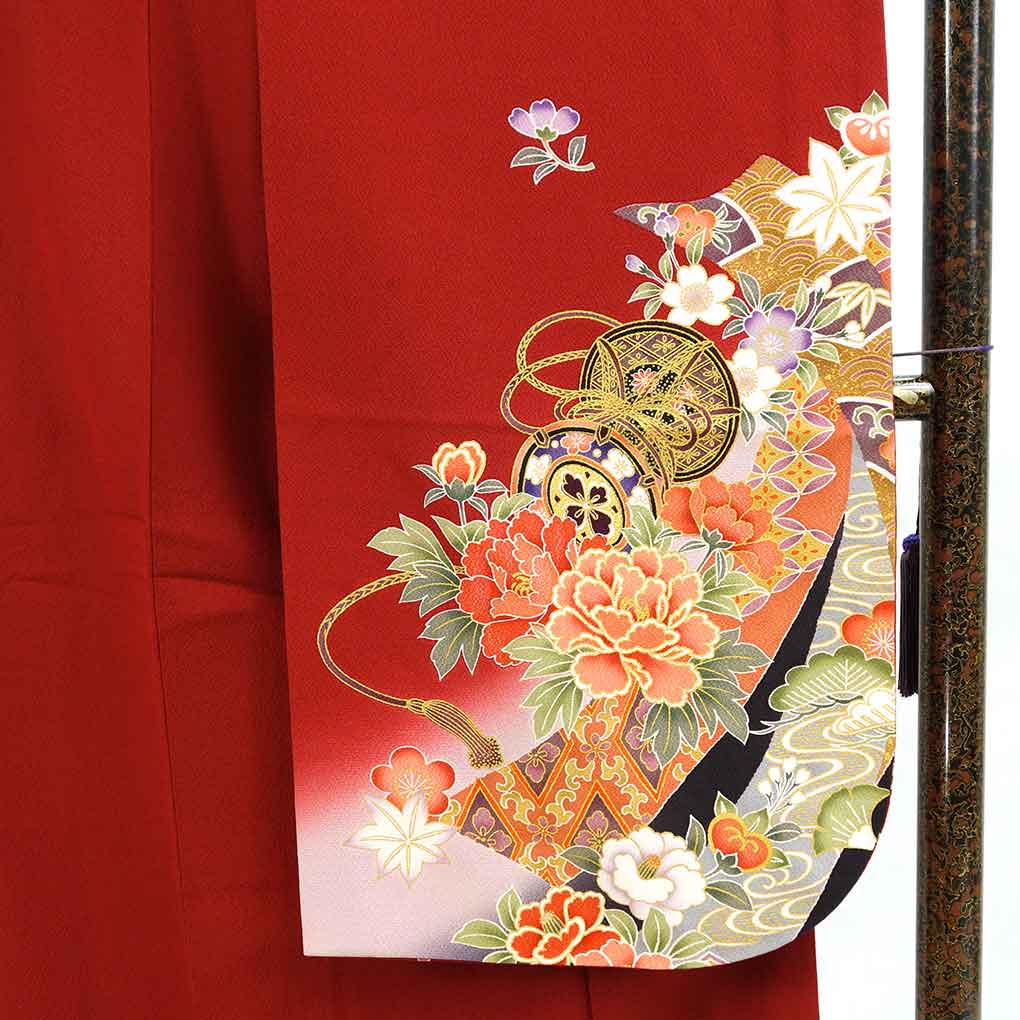 振袖 リサイクル着物 身丈160cm 裄65cm 前幅24cm 後幅30cm 袖丈105cm 袖幅34cm レディース 袷 鼓 裄Mサイズ 秋冬春用 正絹(シルク)レッド 美品 リメイク リユース【ランクA】