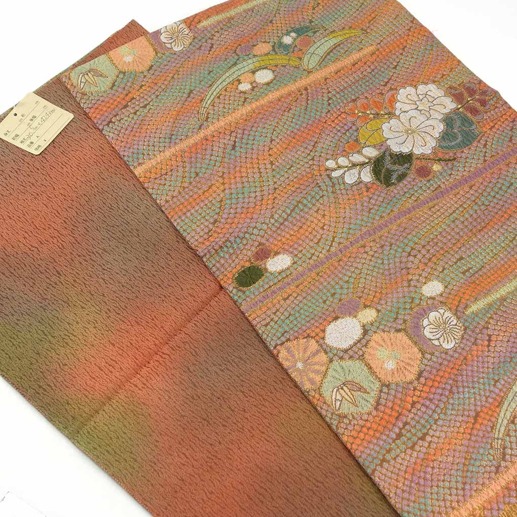 袋帯 リサイクル帯 幅30.5cm 長さ424cm レディース 花柄 秋冬春用 正絹(シルク)パープル 美品 リメイク リユース【ランクA】