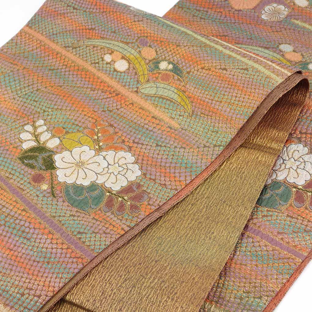 袋帯 リサイクル帯 幅30.5cm 長さ424cm レディース 花柄 秋冬春用 正絹(シルク)パープル 美品 リメイク リユース【ランクA】