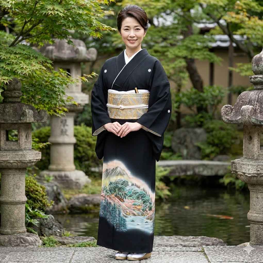 黒留袖 リサイクル着物 身丈163cm 裄66cm 前幅26cm 後幅30cm 袖丈49cm 袖幅33cm レディース 風景画 裄長 裄M-Lサイズ 年中着用可 正絹(シルク)ブラック 未使用品 リメイク リユース【ランクS】