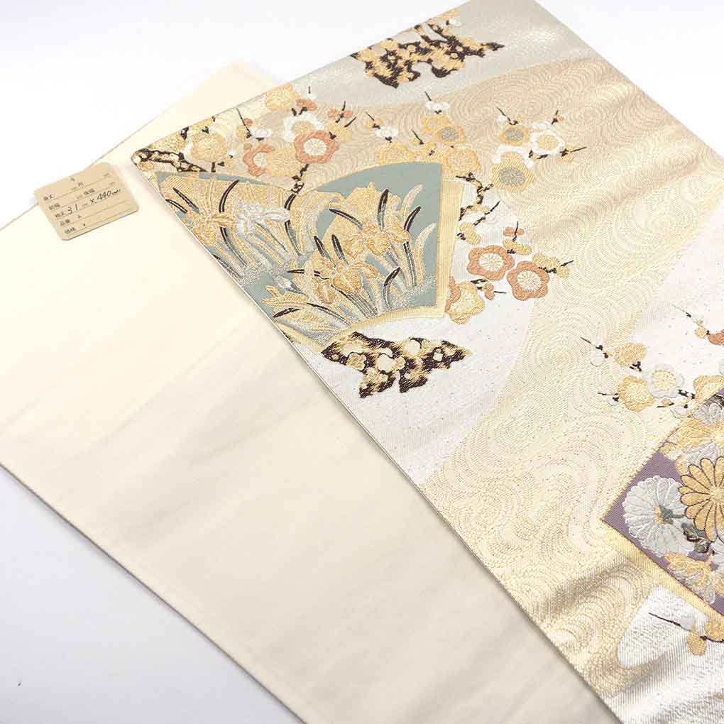 袋帯 リサイクル帯 幅31cm 長さ440cm レディース 扇面 秋冬春用 正絹（シルク）ゴールド 美品 リメイク リユース【ランクA】