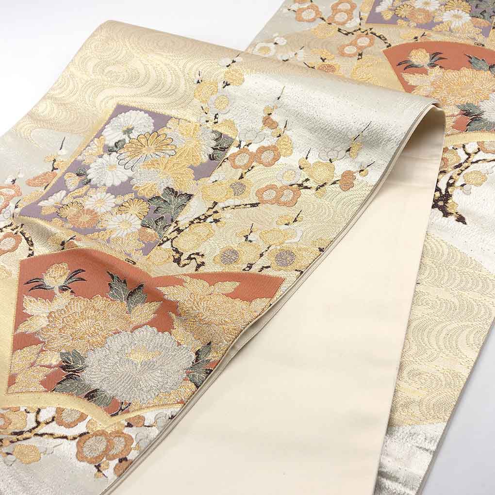 袋帯 リサイクル帯 幅31cm 長さ440cm レディース 扇面 秋冬春用 正絹（シルク）ゴールド 美品 リメイク リユース【ランクA】