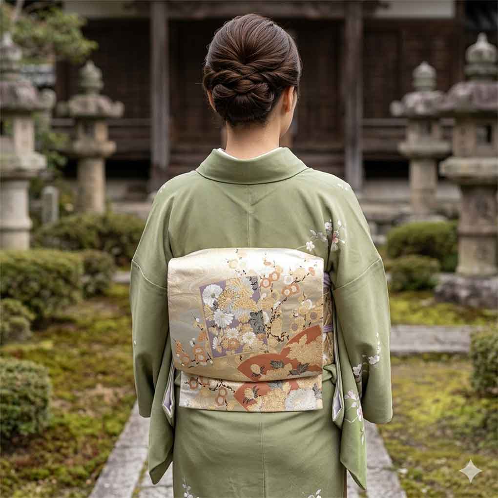 袋帯 リサイクル帯 幅31cm 長さ440cm レディース 扇面 秋冬春用 正絹（シルク）ゴールド 美品 リメイク リユース【ランクA】