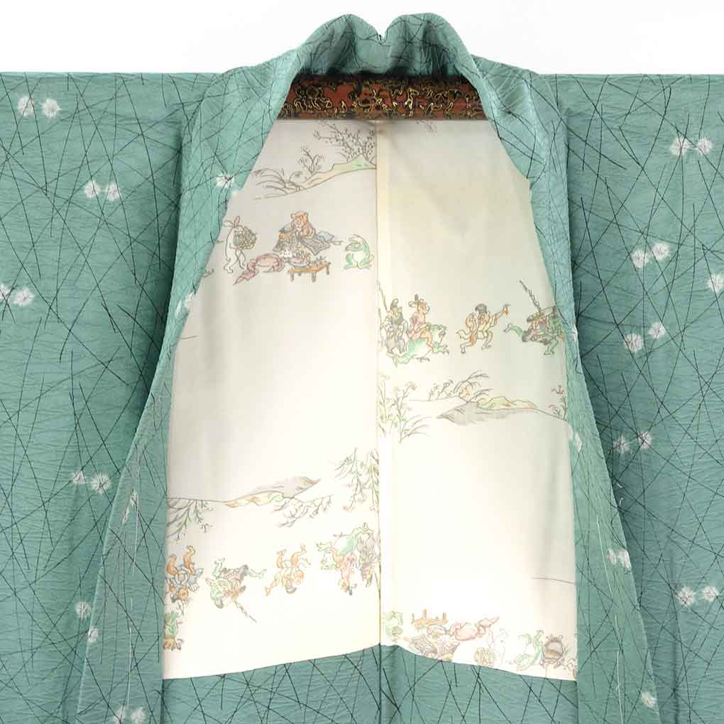 羽織 リサイクル着物 羽織丈79cm 裄64.5cm 袖丈44cm 袖幅32.5cm レディース 袷 絞り 裄Mサイズ 秋冬春用 正絹（シルク）グリーン 未使用品 リメイク リユース【ランクS】
