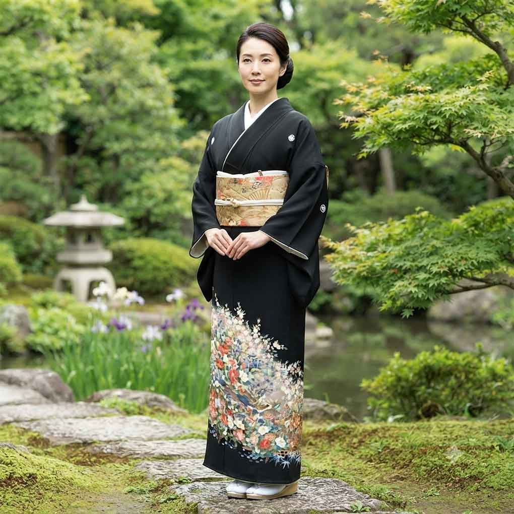 黒留袖 リサイクル着物 身丈156cm 裄63cm 前幅24.5cm 後幅30cm 袖丈48cm 袖幅32cm レディース 花柄 裄Mサイズ 年中着用可 正絹(シルク)ブラック やや難 リメイク リユース【ランクB】