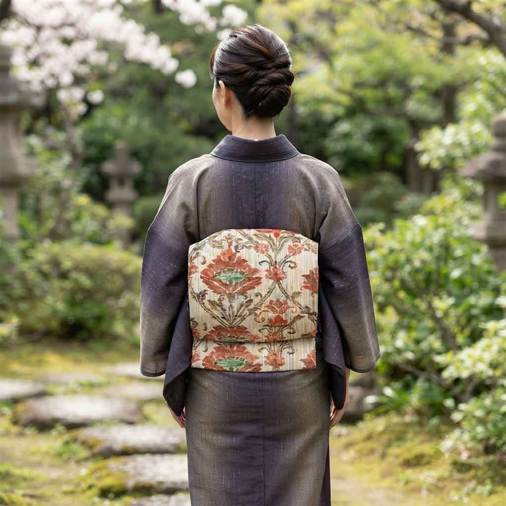 名古屋帯 リサイクル帯 幅28cm 長さ352cm レディース 花柄 秋冬春用 正絹(シルク)ベージュ 美品 リメイク リユース【ランクA】