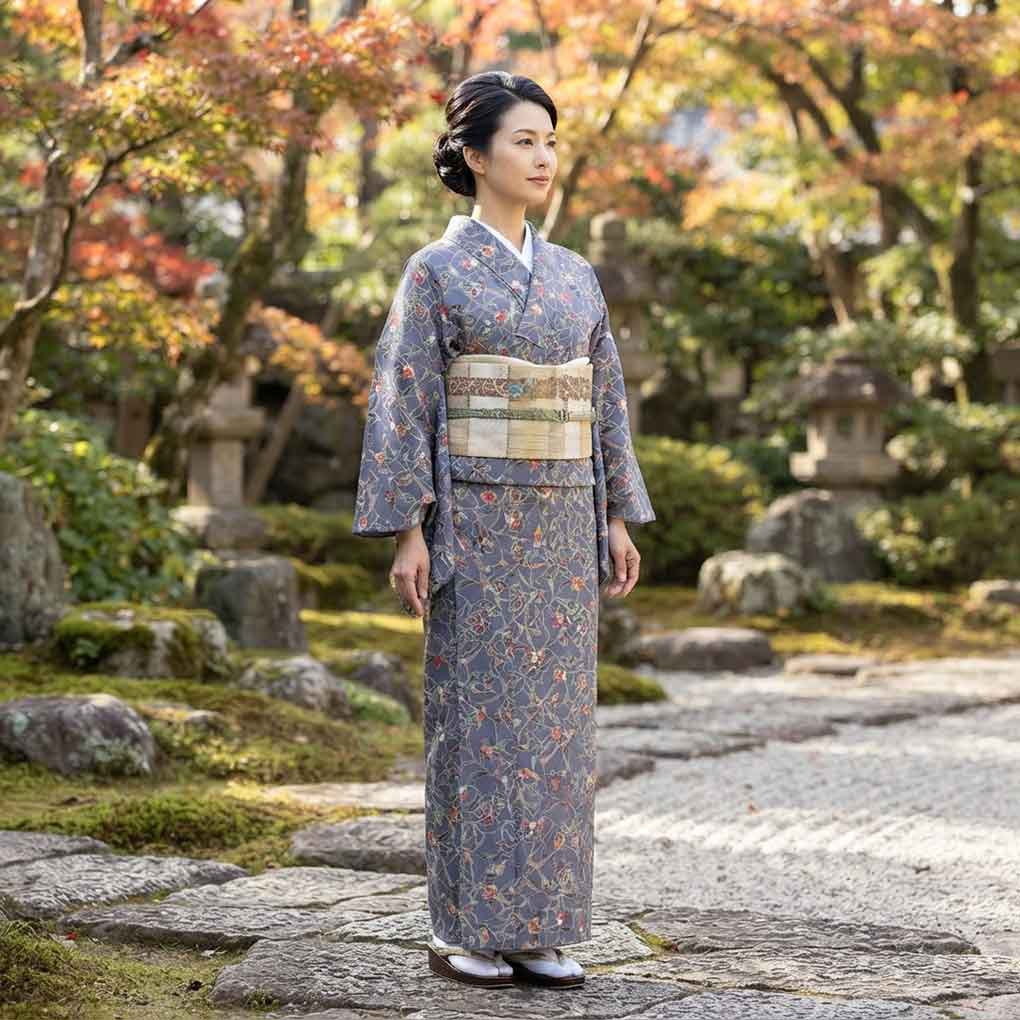 小紋 リサイクル着物 身丈157cm 裄63cm 前幅23cm 後幅28.5cm 袖丈49cm 袖幅32cm レディース 袷 花柄 裄Mサイズ 秋冬春用 正絹(シルク)グレー 美品 リメイク リユース【ランクA】