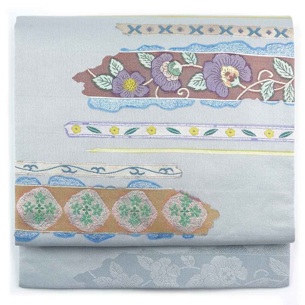名古屋帯 リサイクル帯 幅31cm 長さ380cm レディース 花柄 秋冬春用 正絹（シルク）グレー 美品 リメイク リユース【ランクA】