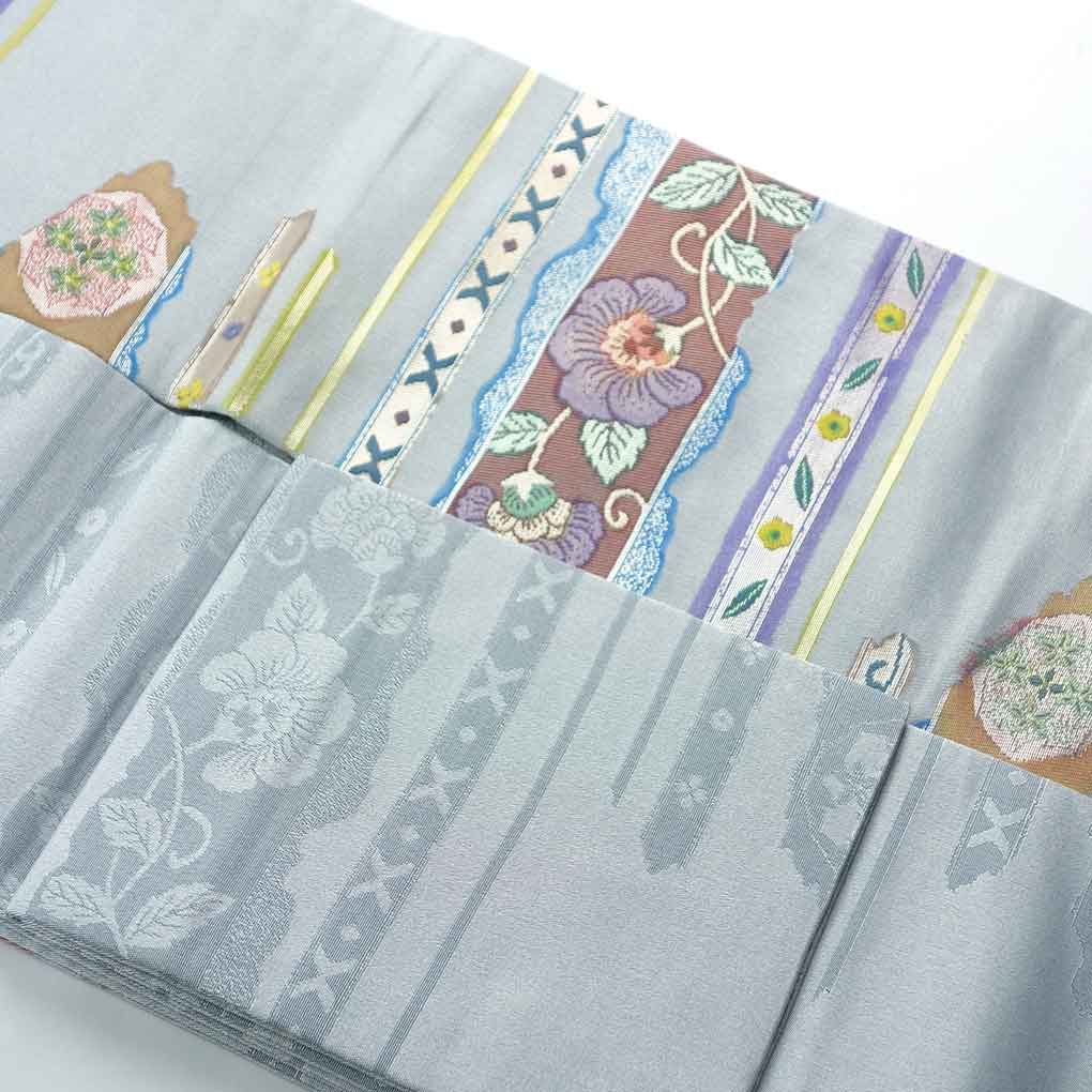 名古屋帯 リサイクル帯 幅31cm 長さ380cm レディース 花柄 秋冬春用 正絹（シルク）グレー 美品 リメイク リユース【ランクA】