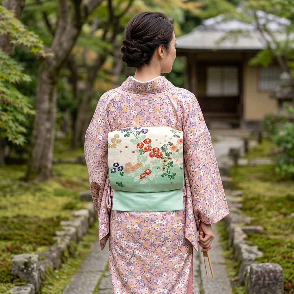 名古屋帯 リサイクル帯 幅30.5cm 長さ355cm レディース 花柄 秋冬春用 正絹（シルク）グリーン やや難 リメイク リユース【ランクB】