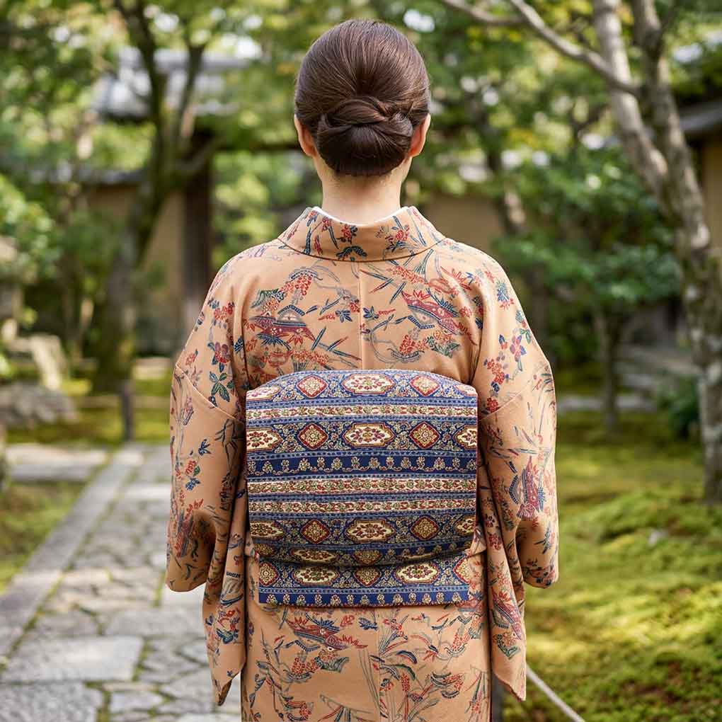 名古屋帯 リサイクル帯 幅30cm 長さ345cm レディース 連続模様 秋冬春用 木綿 ネイビー 美品 リメイク リユース【ランクA】