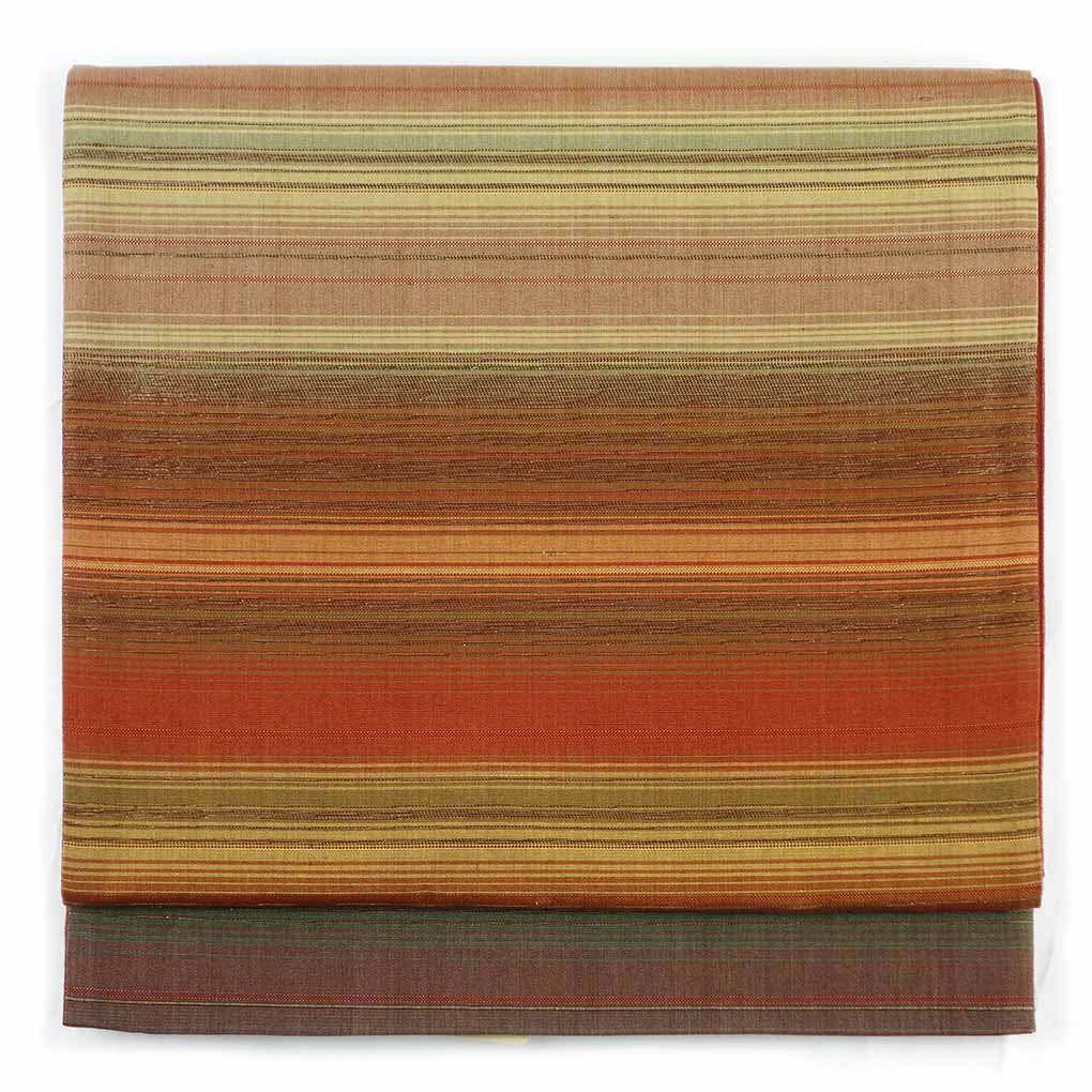 袋帯 リサイクル帯 幅31cm 長さ438cm レディース 横段柄 秋冬春用 正絹(シルク)ブラウン 美品 リメイク リユース【ランクA】