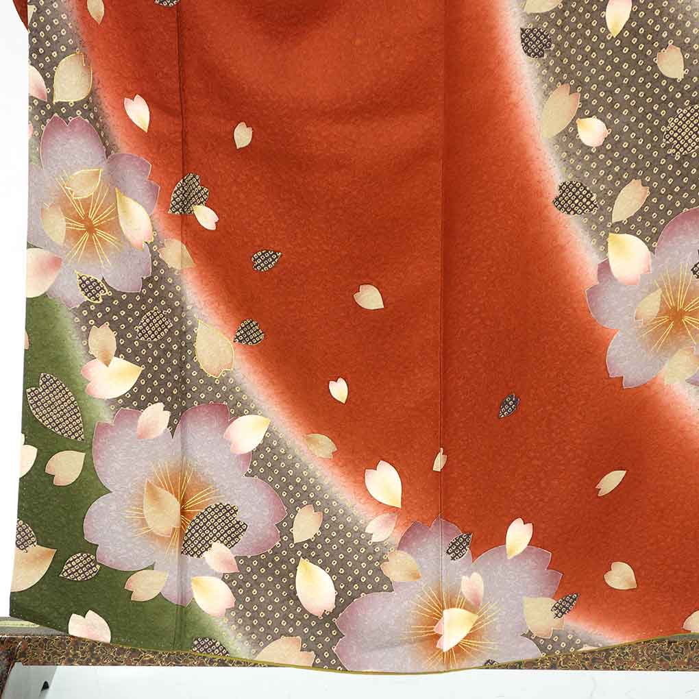振袖 リサイクル着物 身丈160cm 裄63cm 前幅24.5cm 後幅28cm 袖丈105cm 袖幅32cm レディース 袷 桜 裄Mサイズ 秋冬春用 正絹(シルク)レッド 美品 リメイク リユース【ランクA】