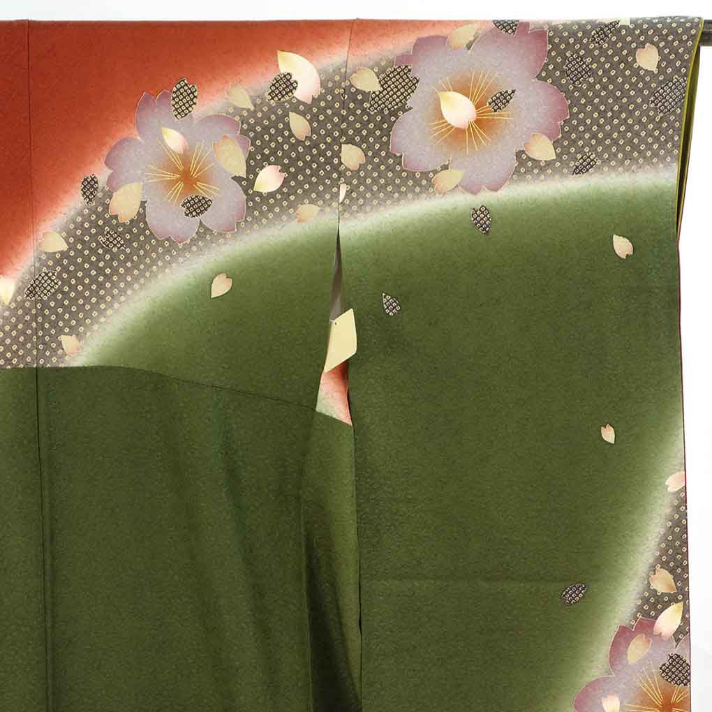 振袖 リサイクル着物 身丈160cm 裄63cm 前幅24.5cm 後幅28cm 袖丈105cm 袖幅32cm レディース 袷 桜 裄Mサイズ 秋冬春用 正絹（シルク）レッド 美品 リメイク リユース【ランクA】