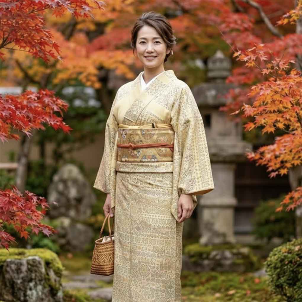 紬 リサイクル着物 身丈154cm 裄63cm 前幅23cm 後幅28cm 袖丈49cm 袖幅32cm レディース 袷 連続模様 裄Mサイズ 秋冬春用 正絹（シルク）イエロー 美品 リメイク リユース【ランクA】