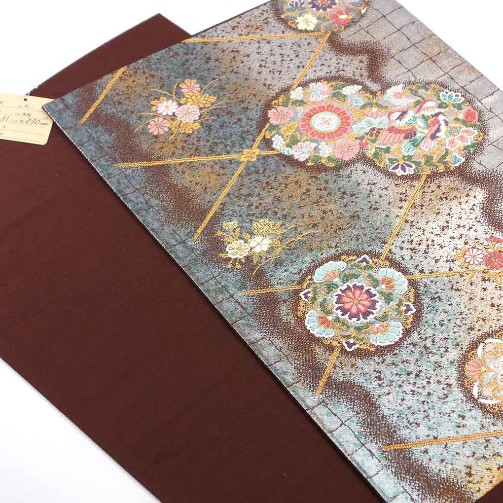 袋帯 リサイクル帯 幅31cm 長さ440cm レディース 花柄 秋冬春用 正絹（シルク）シルバー 美品 リメイク リユース【ランクA】