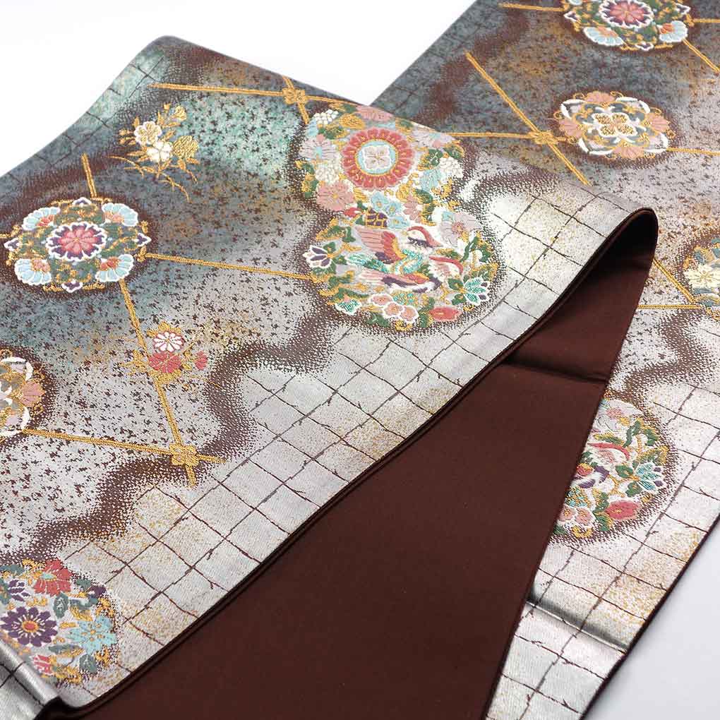 袋帯 リサイクル帯 幅31cm 長さ440cm レディース 花柄 秋冬春用 正絹（シルク）シルバー 美品 リメイク リユース【ランクA】