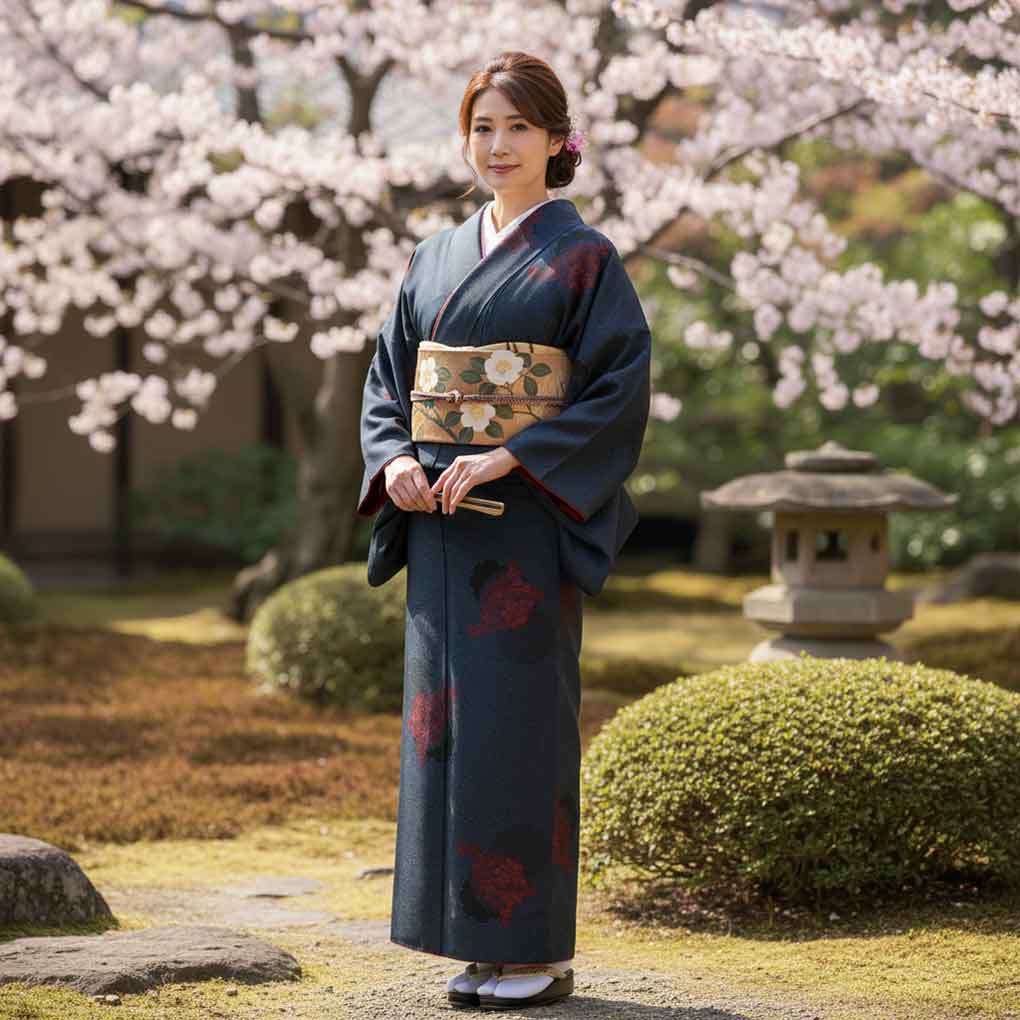 紬 リサイクル着物 身丈157cm 裄63cm 前幅24cm 後幅29cm 袖丈49cm 袖幅32.5cm レディース 袷 雪輪 裄Mサイズ 秋冬春用 正絹（シルク）ネイビー 美品 リメイク リユース【ランクA】