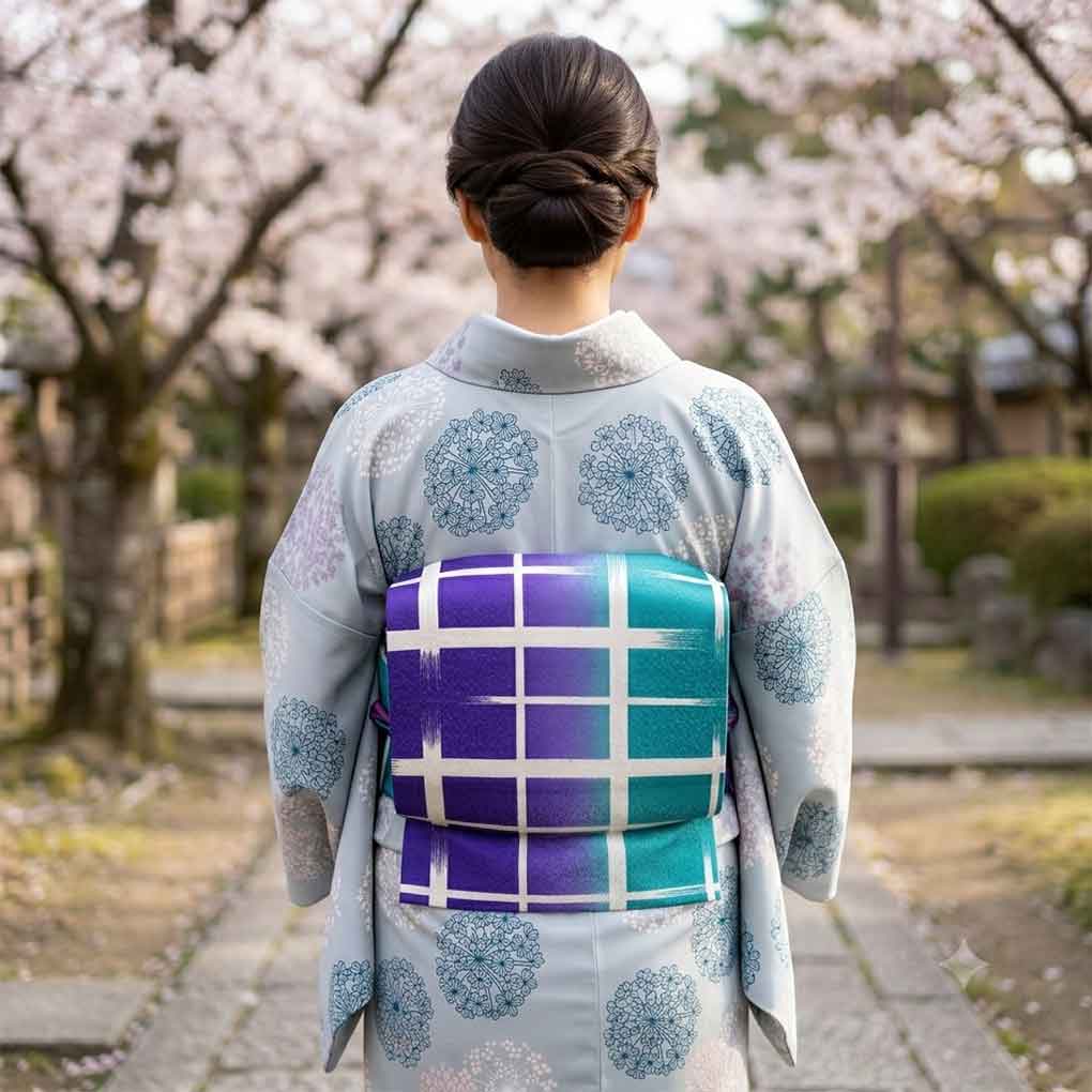 京袋帯 リサイクル帯 幅30cm 長さ403cm レディース 格子 秋冬春用 正絹（シルク）グリーン 美品 リメイク リユース【ランクA】